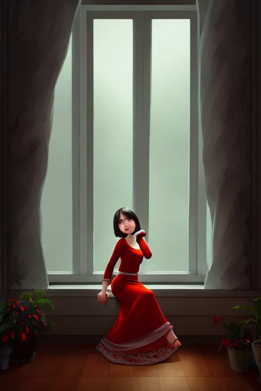 Image similar to joana sitting lookin at window composition : dynamic lighting, digital painting, center of interest, intricate, proportion, highly quality, balance, unity, extremely highly detailed. by bambang nurdianshyah ( details and background ) garis edelweiss ( lighting ) roby dwi antono ( character ) kira ayn varszegi ( dress )