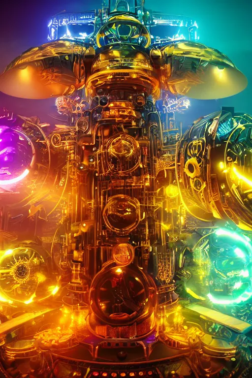 Image similar to portrait photo of a giant huge golden and blue metal futuristic steampunk robot covered with multicolored big gears and tubes, a huge steampunk drumset, eyes are glowing red lightbulbs, shiny crisp finish, 3 d render, animusic, 8 k, insaneley detailed, fluorescent colors, background is multicolored lasershow