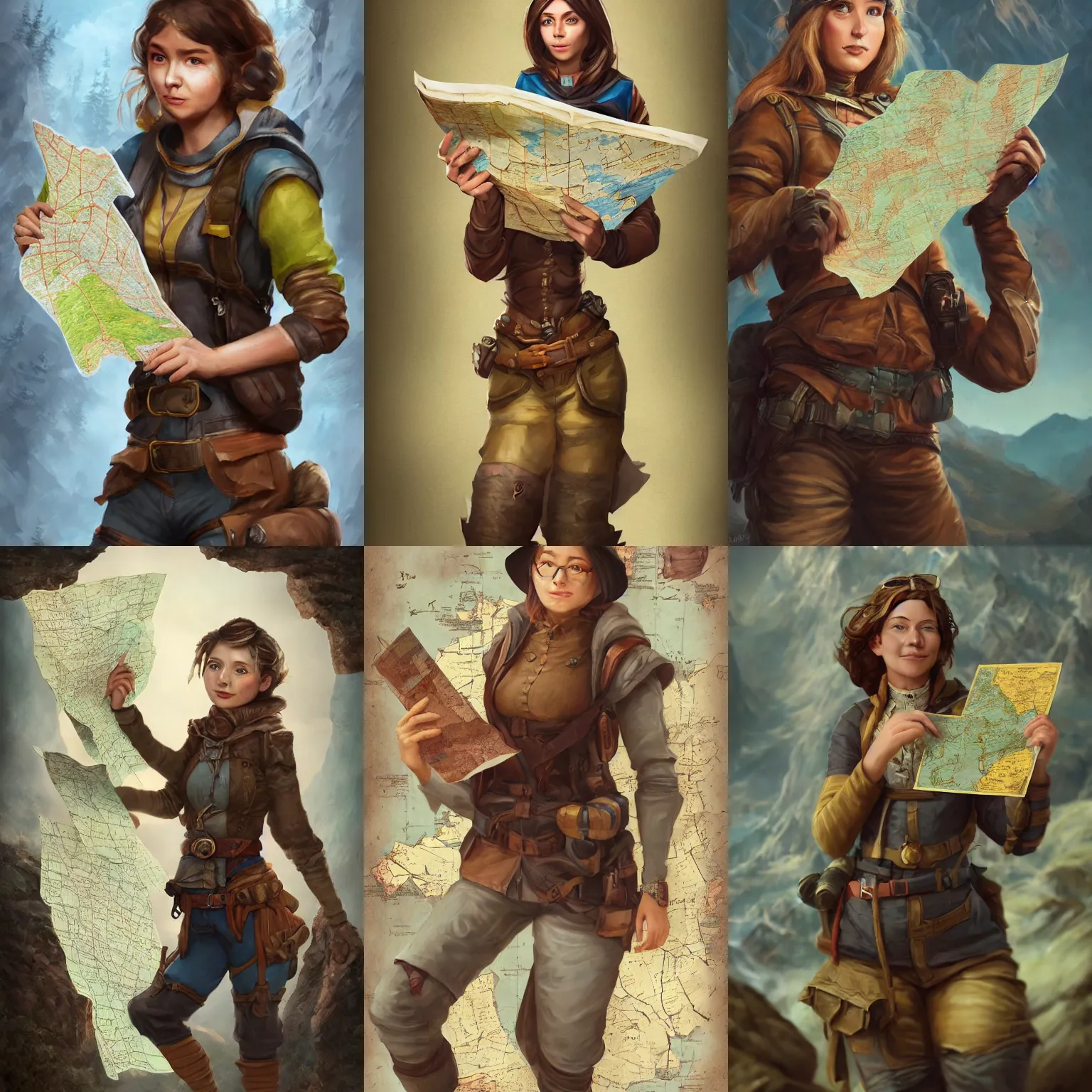 Prompt: A portrait of a female explorer holding a map, full body shot, fantasy, mountainous terrain, action shot, trending on artstation