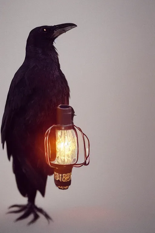 Image similar to photo of dark raven standing in a shadow from deep purple light of lantern, mystery, mysterious, soft shadows, soft dark muted colors, simple shapes, golden ratio, perfect composition, dramatic, medium close - up ( mcu ), cannon ef, 5 0 mm, f / 2. 8
