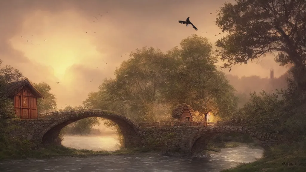 Prompt: small wooden cottage by the river, a tree with vines wrapped around it, two crows on the tree, tranquility, arch stone bridge over the river, an old man riding a horse on the bridge, sunset, by charlie bowater, by greg rutkowski