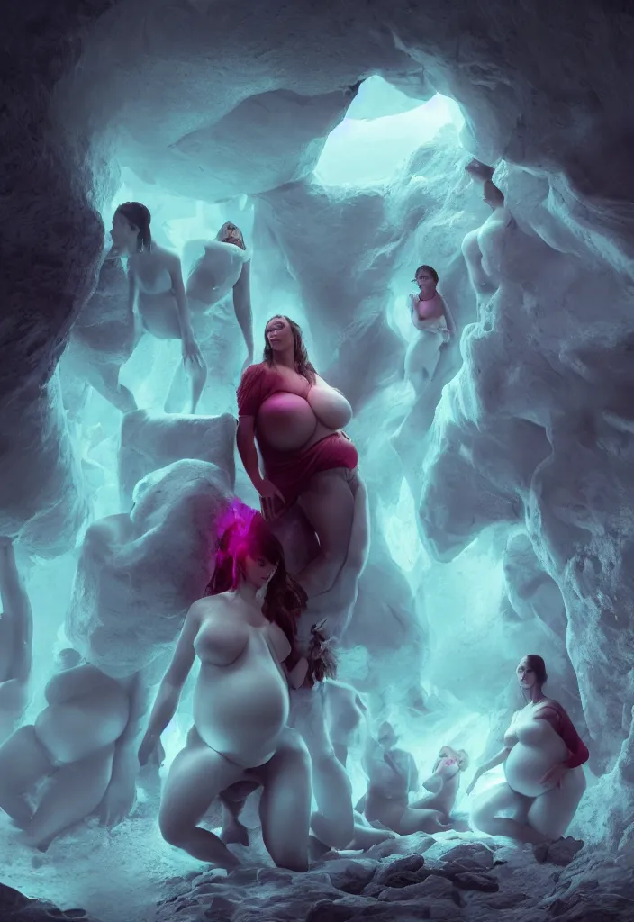 Image similar to epic pregnant woman talking to all her tribe with fluorescence bodies, proud people gather around the pregnant woman, ice cave, facinating, fantasy digital art, octane render, beautiful coherent composition, trending on artstation, matte painting, masterpiece