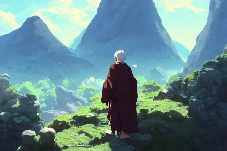 Prompt: ultra realistic, monk smoking, mountain, colors, 8 k, hd, details, fantasy, epic, ancient city, landscape illustration concept art anime key visual trending pixiv fanbox by wlop and greg rutkowski and makoto shinkai and studio ghibli and kyoto animation symmetrical facial features