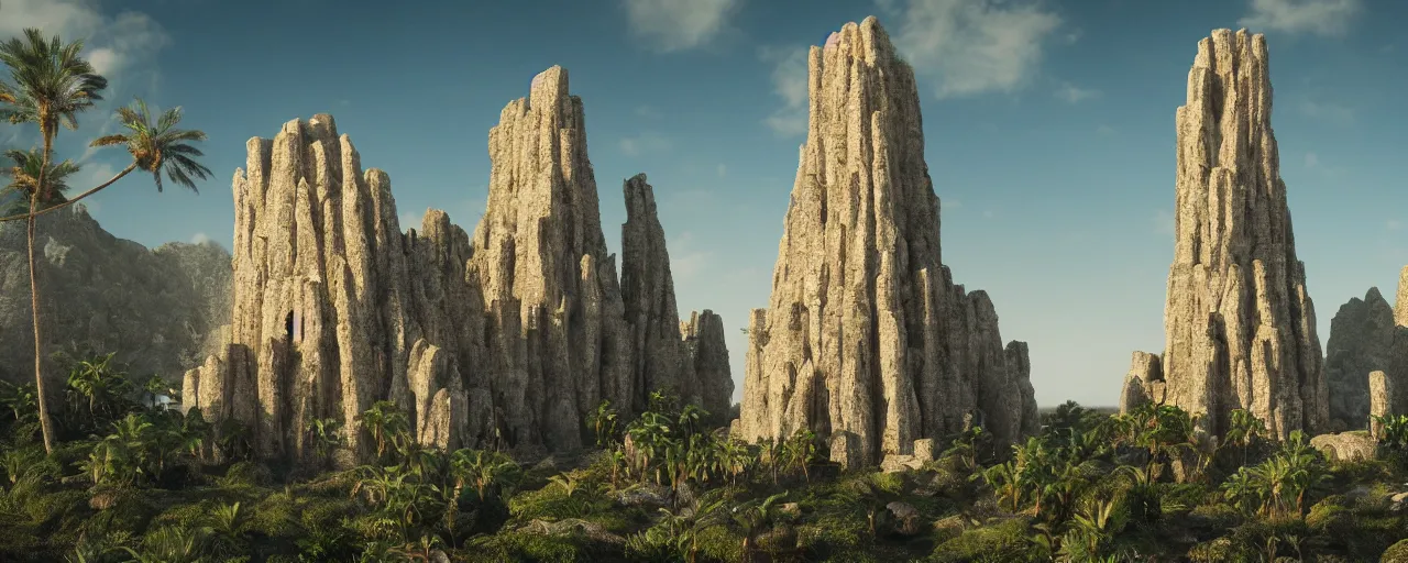 Image similar to single tower, golden babylon tower, beight stone, sacred ancient architecture, hanging gardens, cascading highrise, arid mountains with lush palm forest, sunlight, post - production, octane, cgi, sfx