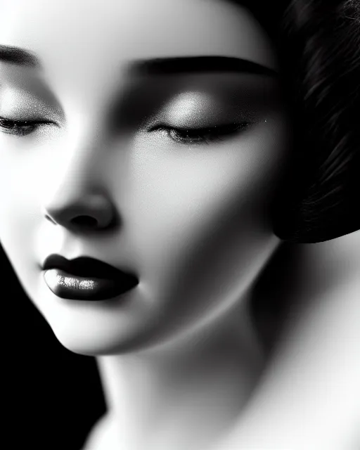 Image similar to black and white dreamy young beautiful female artificial intelligence, cinematic, rim light, photo - realistic, elegant, high detail, 8 k, masterpiece, photo taken in 1 9 3 0