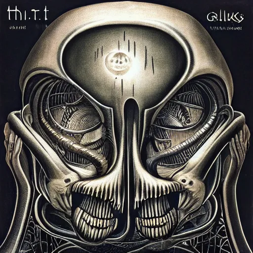 Prompt: album artwork designed by Attik and H.R. Giger for synth-pop band.