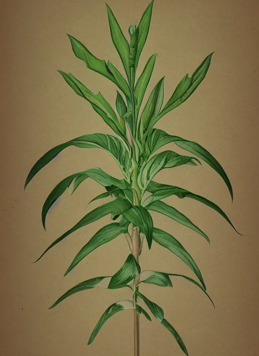 Image similar to fantasy scientific botanical illustration of a large, tall, green plant that walks around with thin human legs