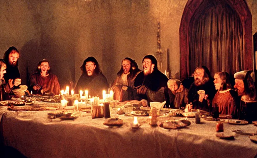 Prompt: Medieval kings sitting around a big dinner table with candles in the shining by stanley kubrick, shot by 35mm film color photography