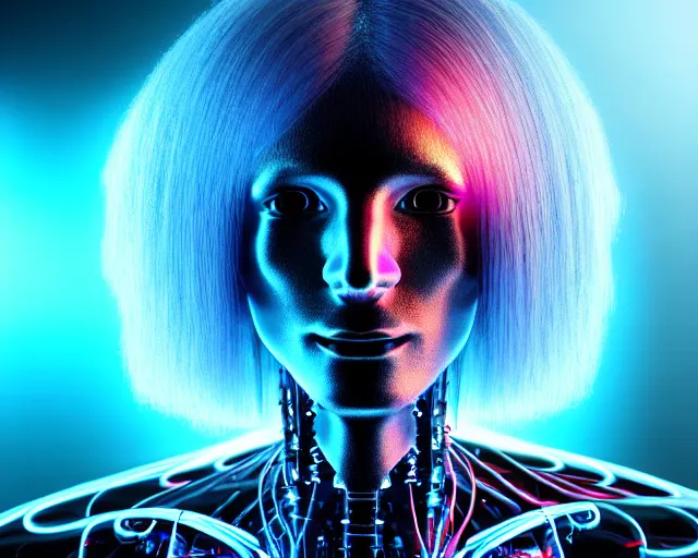 Image similar to glowing hair, complex cybernetic beings, beautiful hairy humanoids, cybermagnetosphere, cybernetic civilizations, ornate hair, love, joy, vortexes, large arrays, data holograms, 8 k, cinematic light shadows, wet hdr refractions, *, * * *, * * * * *