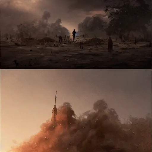 Image similar to Horror movie about kids under Rocket fire . Post-processing , low angle , Greg rutkowski legendary matte painting , masterpiece