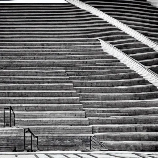 Image similar to black and white surreal photograph, highly detailed vast space made of stairsteps, sideview, detailed textures, natural light, mist, architecture photography, film grain, soft vignette, sigma 1 4 mm f / 1. 4 1 / 1 0 sec shutter, imax 7 0 mm footage