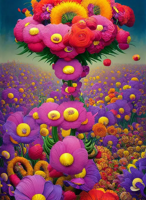 Prompt: hyper detailed illustration like a Oil painting - a vivid exotic flower bouquet, long petals, huge blossoms, by Jacek Yerka, Mariusz Lewandowski, Houdini algorithmic chromatic colors, long brush strokes, Masterpiece, Edward Hopper and James Gilleard, Zdzislaw Beksinski, Mark Ryden, Wolfgang Lettl, hints of Yayoi Kasuma, octane render, 8k