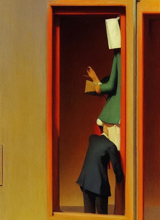 Image similar to man with a paper bag over the head and a sward shopping Edward Hopper and James Gilleard, Zdzislaw Beksinski, Steven Outram highly detailed