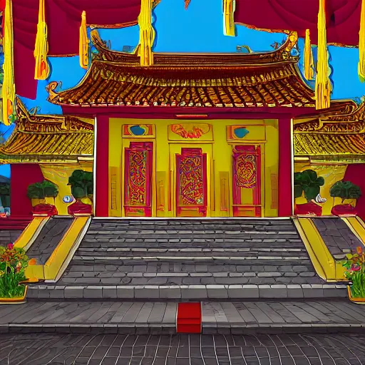 Image similar to vietnamese temple scene, 2 d game art background, level design, in style of lam manh