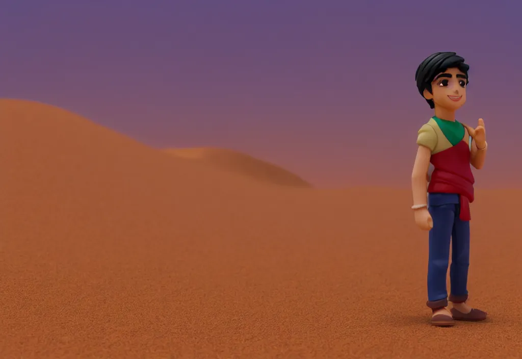 Prompt: profile view of arabic young aladdin as nendoroid walking in a desert, 8 k, hd, dof, kodak film, volumetric lighting, subsurface scattering, photorealistic, octane render