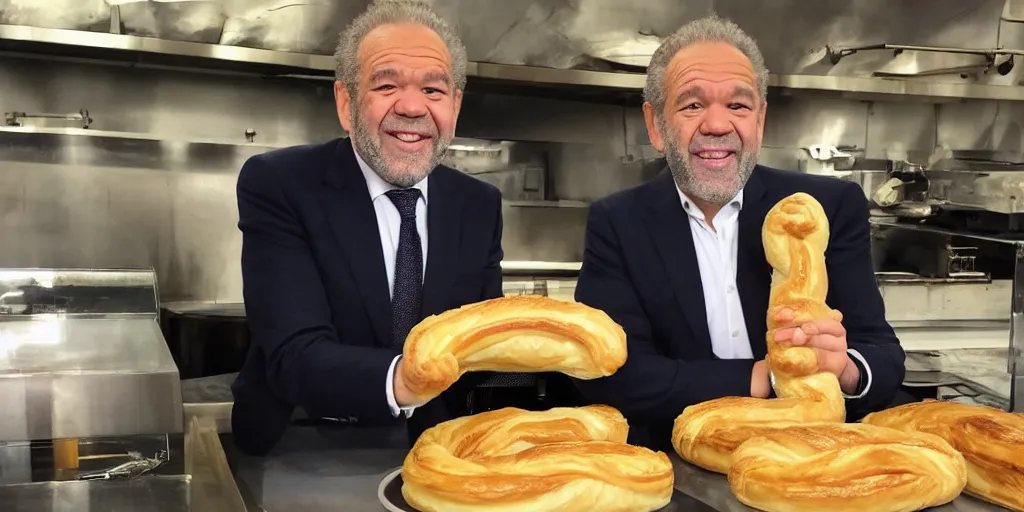 Image similar to long arms. really long arms. very long arms, arms. alan sugar with really long arms holding some pastry pets. long arms. stretched limbs. pastry sheep, pastry lizard