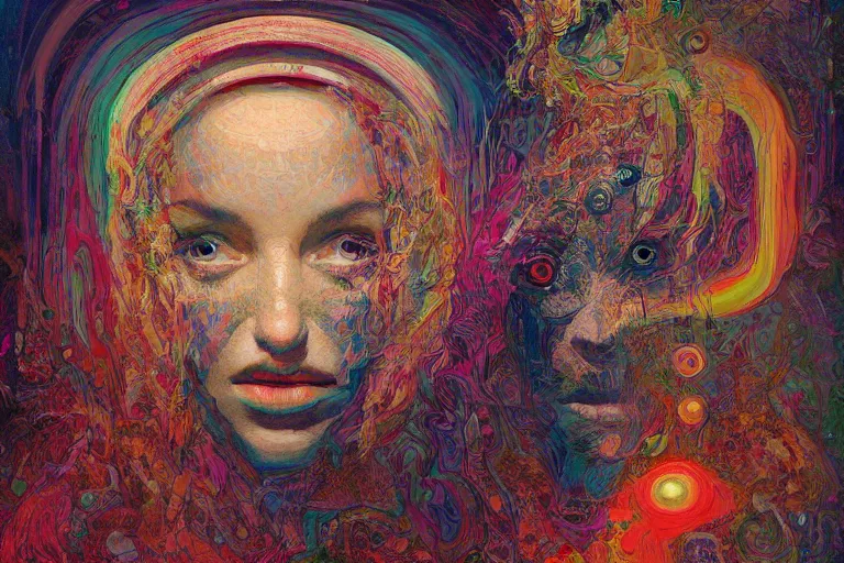 Image similar to Portrait of beautiful woman, surrounded by neural vivid realm, dark babylonian surrealism, painted part by francis bacon, part by jeffrey smith, part by josan gonzales, part by dan mumford, part by norman rockwell, part by gustave moreau, artstation, 4K, highly detailed,