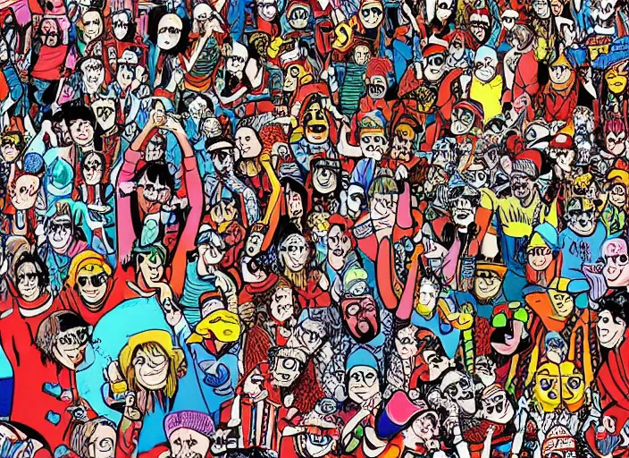 Image similar to where's Waldo intricate rave party drawing by martin handford (1978), find the hidden objects picture