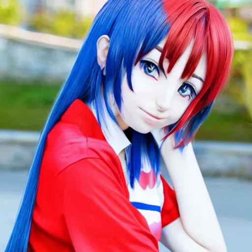 Prompt: An anime girl in a blue red and white colored shirt with text that says Slovenia.