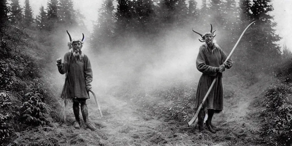 Prompt: 1 9 2 0 s spirit portrait photography of an alpine krampus farmer in alpine farm cloths holding a scythe, farming trees, smoke from mouth, casting a root spell, inviting hand, by william hope