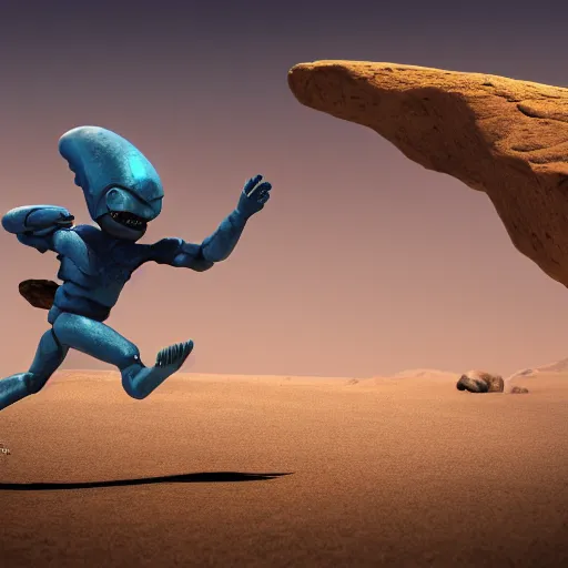 Image similar to A rocky desert scene with a little blue alien boy being chased by a little chrome flying disk, drone, 4K UHD, wallpaper, artstation, photorealism, dramatic lighting, Dune style