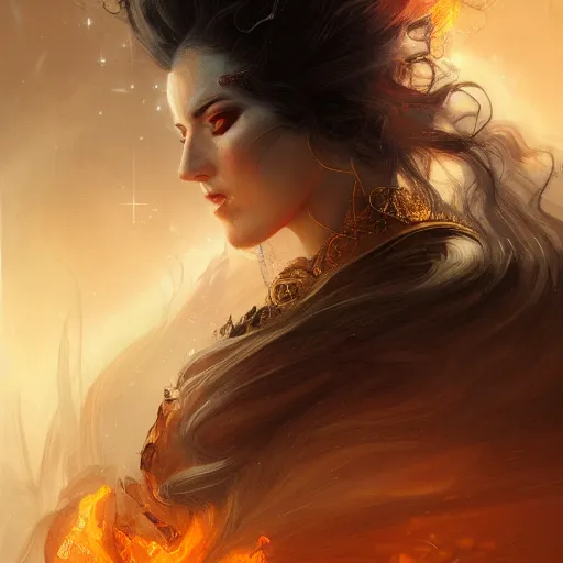 Image similar to portrait of fire goddess, hair of fire, iridescent eyes, fantasy, intricate, elegant, highly detailed, digital painting, artstation, concept art, matte, sharp focus, illustration, art by aenaluck and roberto ferri and greg rutkowski, epic fantasy, digital painting