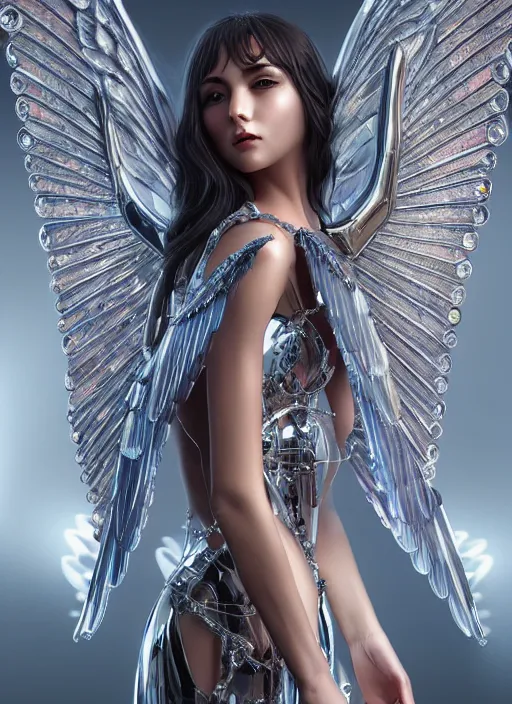 Image similar to photo of a gorgeous young mechanical angel woman with crystal wings in the style of stefan kostic, realistic, sharp focus, 8 k high definition, insanely detailed, intricate, elegant, art by stanley lau and artgerm
