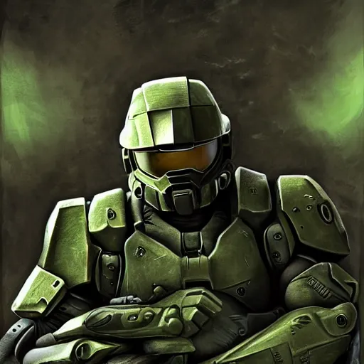 Prompt: master chief teams up with doomguy, artstation hall of fame gallery, editors choice, #1 digital painting of all time, most beautiful image ever created, emotionally evocative, greatest art ever made, lifetime achievement magnum opus masterpiece, the most amazing breathtaking image with the deepest message ever painted, a thing of beauty beyond imagination or words, 4k, highly detailed, cinematic lighting