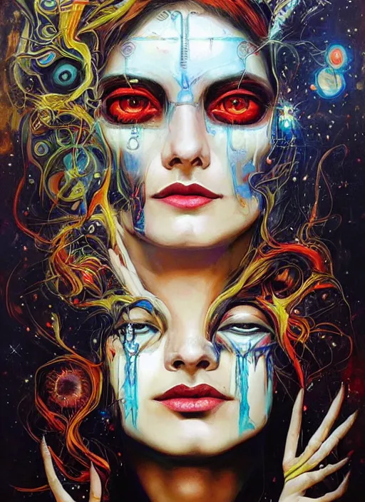 Prompt: gorgeous magic cult psychic woman smiling, third eye, energetic consciousness psychedelic, epic surrealism expressionism symbolism, story telling, iconic, dark robed, oil painting, symmetrical face, dark myth mythos, by Sandra Chevrier, Noriyoshi Ohrai masterpiece