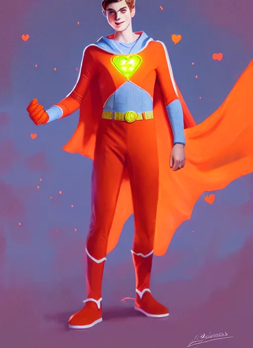 Prompt: kind teenage archie andrews wearing an orange superhero costume, freckles, superhero costume with heart emblem, cape, intricate, elegant, glowing lights, highly detailed, digital painting, artstation, sharp focus, illustration, art by wlop, mars ravelo and greg rutkowski