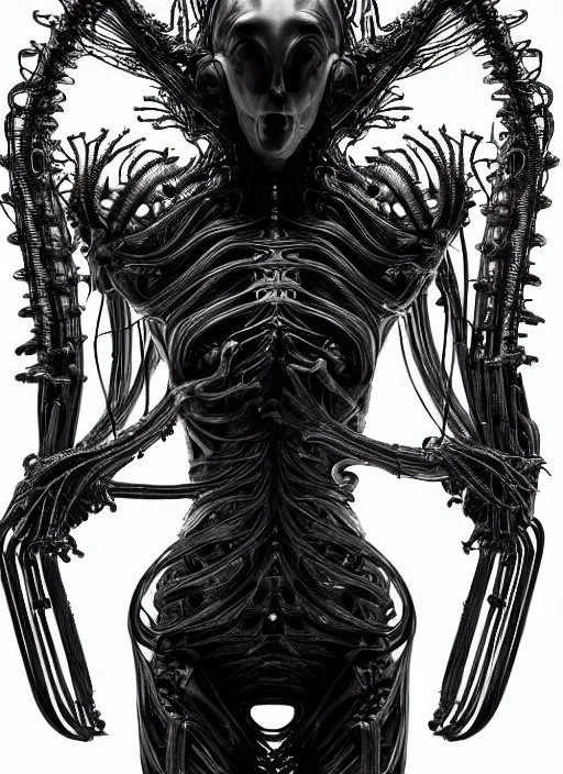 Image similar to iris van herpen gothic inflateble dark dress, perfect symmetrical body, helmet on face, full body shot, alien, plant predator, guyver, giger, wires, tubes, veins, jellyfish, white biomechanical details, wearing epic bionic cyborg implants, masterpiece, intricate, biopunk, vogue, highly detailed, artstation, concept art