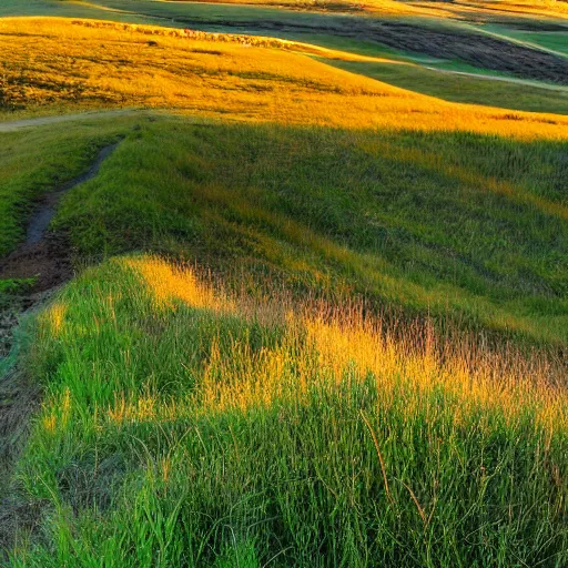 Prompt: beautiful hill going down to a prairie