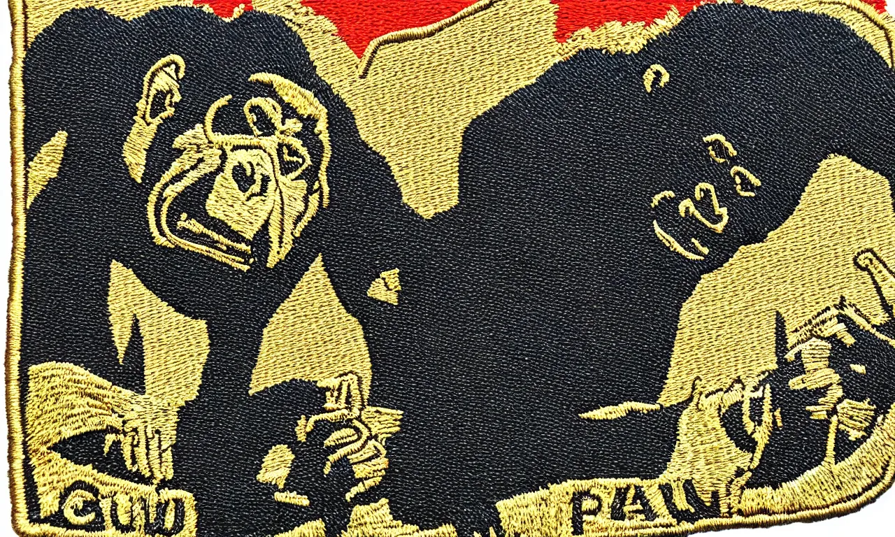 Image similar to a gorilla climbing a radio tower reading lighting bolts, embroidered us corps patch 8 k /