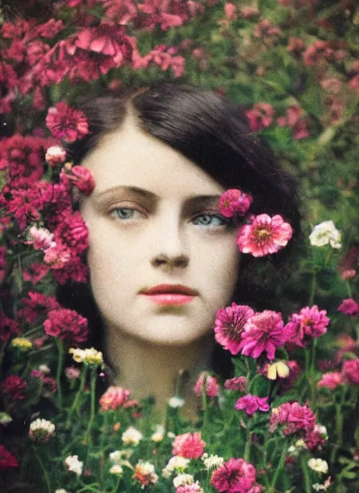 Image similar to portrait photograph of a very beautiful!!! modern female model. symetric face. in a garden. flowers. autochrome Louis Lumières. round detailed eyes!!!!. bokeh