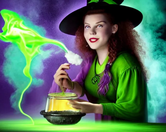 Image similar to close up portrait, happy teen witch and her cat mixing a spell in a cauldron, faint wispy green and purple smoke fills the air, a witch hat, cinematic, green glowing smoke is coming out of the cauldron, ingredients on the table, apothecary shelves in the background, still from nickelodeon show all that