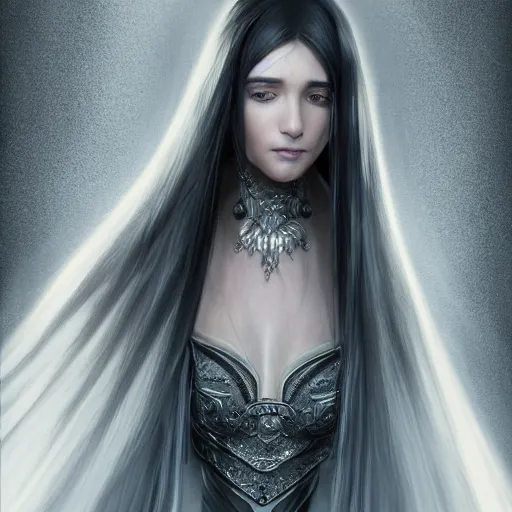 Prompt: portrait of a beautiful female cleric with long black hair. She wear a silver detailed symetric amulet of a sun eye. Epic fantasy. beautiful. hyperrealism symetric face cinematic top lighting, insanely detailed and intricate, face by wlop, Charlie Bowater, golden ratio, symmetric, elegant, ornate, luxury, elite, matte painting, cinematic, trending on artstation, deviantart and cgsociety, 8k, high resolution