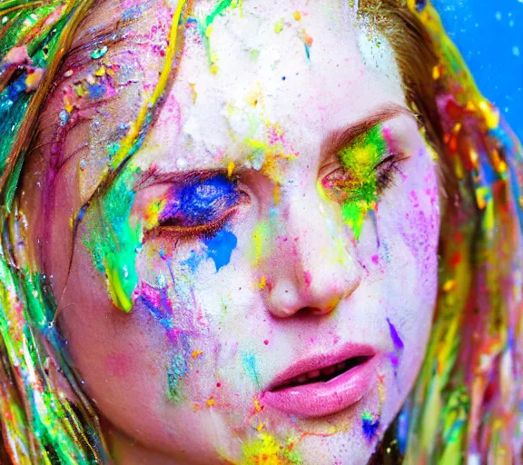 Prompt: still shot footage of a portrait of a female angel's head morphs into acrylic pour and coloured powder explosion and splashing paint and dripping paint and flying paint chunks, closing eyes, motion blur, hyperrealistic, medical, intricate art photography, hyperrealistic, anatomically correct, realistic crisp textures, 1 6 k