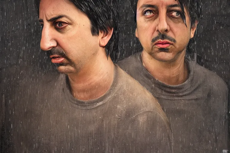 Prompt: ray romano, portrait, physically upset, gritty expressive male face, outdoor background, stadium atmosphere, rain storm, ethereal details, night, cinematic lighting, hyper - detailed, maximalist, trending on artstation, cgsociety, 8 k, high resolution, in the style of faiza maghni, david ligare, flora borsi, daniel gerhartz, elena masci