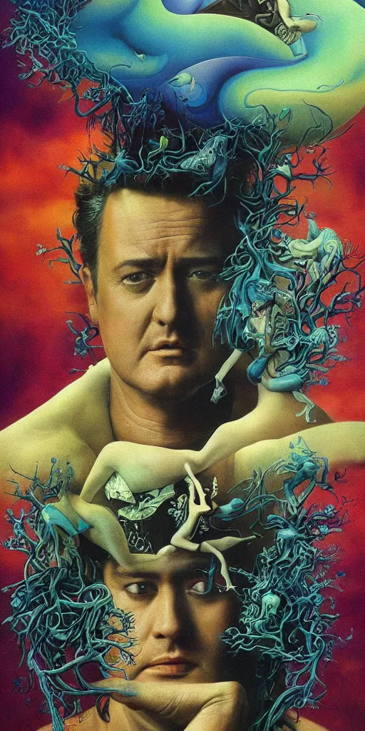 Image similar to ultrawide angle colour masterpiece surreal closeup portrait photography of chandler bing by miho hirano and annie leibovitz and michael cheval, weird surreal epic psychedelic complex biomorphic 3 d fractal landscape in background by kilian eng and roger dean and salvador dali and beksinski, 8 k