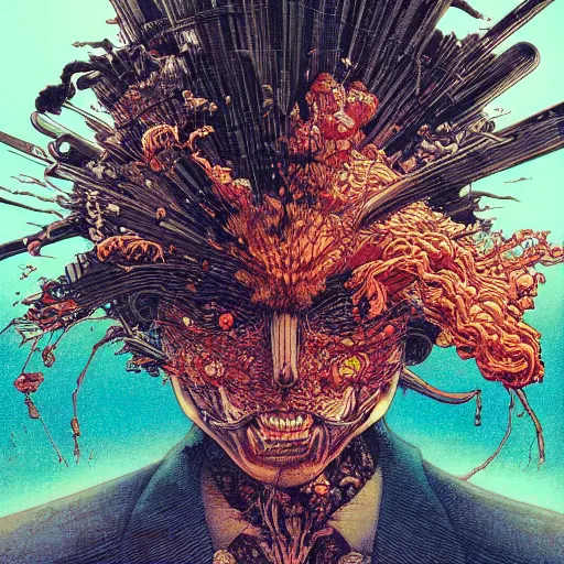 Prompt: closeup of exploding head, by yoichi hatakenaka, masamune shirow, josan gonzales and dan mumford, ayami kojima, takato yamamoto, barclay shaw, karol bak