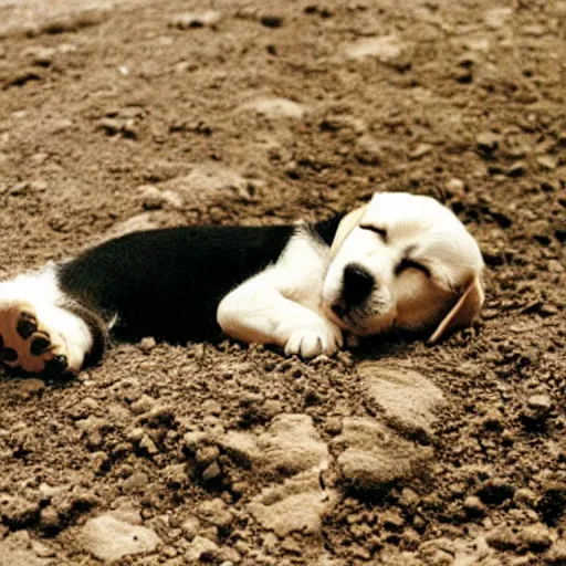 Prompt: sleeping puppy wearing hard hat in dusty coal mine, photo from 1 9 9 8,