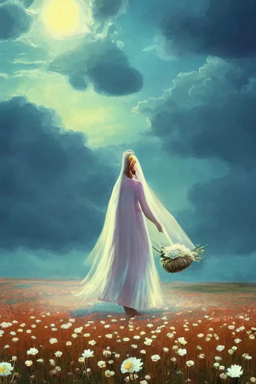 Image similar to giant white daisy flowers as head crown, girl with veil walking in a flower field, surreal photography, sunrise, dramatic light, impressionist painting, colorful clouds, digital painting, artstation, simon stalenhag