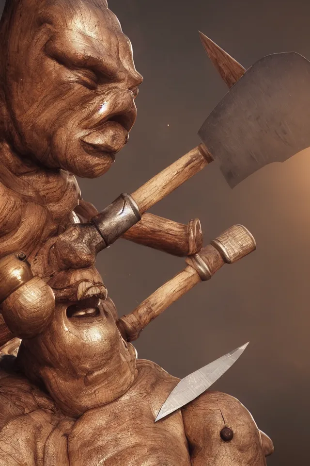 Image similar to photorealist detailled beautiful octane render portrait of a heavy wooden creature made of wood holding a shiny metallic axe, bokeh, soft focus, f 1. 8, unreal engine, particles, raytracing