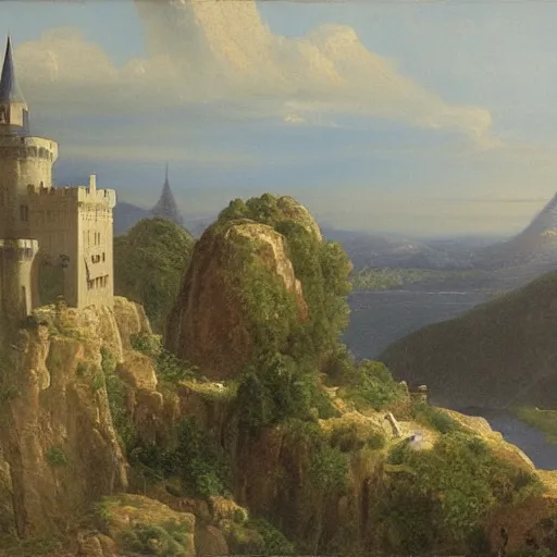 Image similar to a painting of a castle on top of a mountain, a matte painting by Charles Cundall,hudson river school, matte painting, rococo, detailed painting