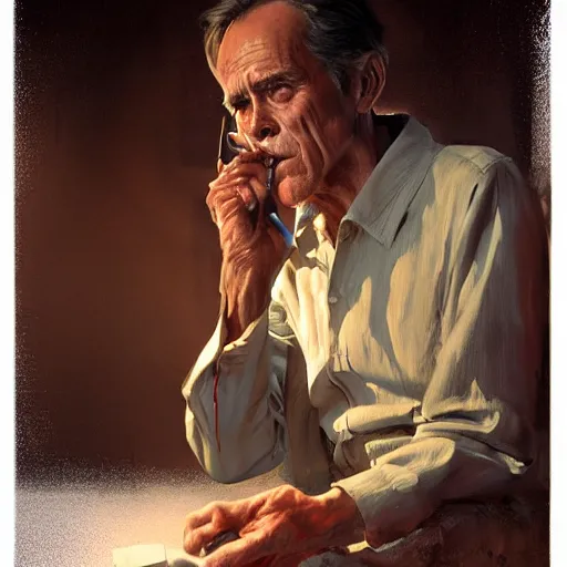 Image similar to a highly detailed epic cinematic concept art CG render digital painting artwork costume design: Henry Fonda as a 1950s tired disillusioned poet, barefoot, smoking a cigarette. volumetric lighting. By Greg Rutkowski, in the style of Francis Bacon and Syd Mead and Norman Rockwell and Beksinski, open ceiling, highly detailed, painted by Francis Bacon and Edward Hopper, painted by James Gilleard, surrealism, airbrush, Ilya Kuvshinov, WLOP, Stanley Artgerm, very coherent, triadic color scheme, realistic facial expression, art by Takato Yamamoto and James Jean