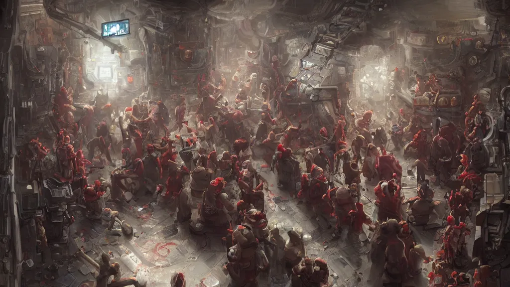 Image similar to a bar located in a bustling space station, blood on the floor and people rushing down the hallways, a red alert blares, a clown is in the center of the bar causing trouble, fantasy, marc simonetti, anato finnstark, randy vargas, diego gisbert llorens, bayard wu, fantasy concept art, trending on artstation, 4k,
