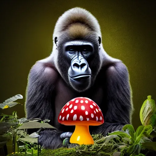 Image similar to gorilla holding an amanita muscaria made by beeple