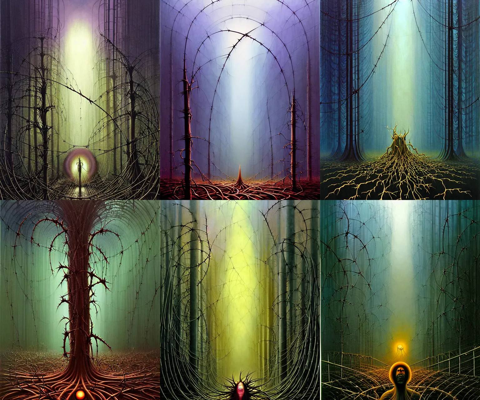 Prompt: a cinematic masterpiece painting of exotic alien mystical gothic forest of despair and misery on a monsoon midnight, trees of barbed-wire thorns and wires, by Marc Simonetti, by Alex Grey, by Wayne Barlowe, by Paul Lehr, by Tim Hildebrandt, by Bruce Pennington, by Zdzisław Beksiński, oil on canvas, masterpiece, trending on artstation, featured on pixiv, cinematic composition, beautiful lighting, sharp, details, hyper-detailed, no frames, HD, HDR, 4K, 8K