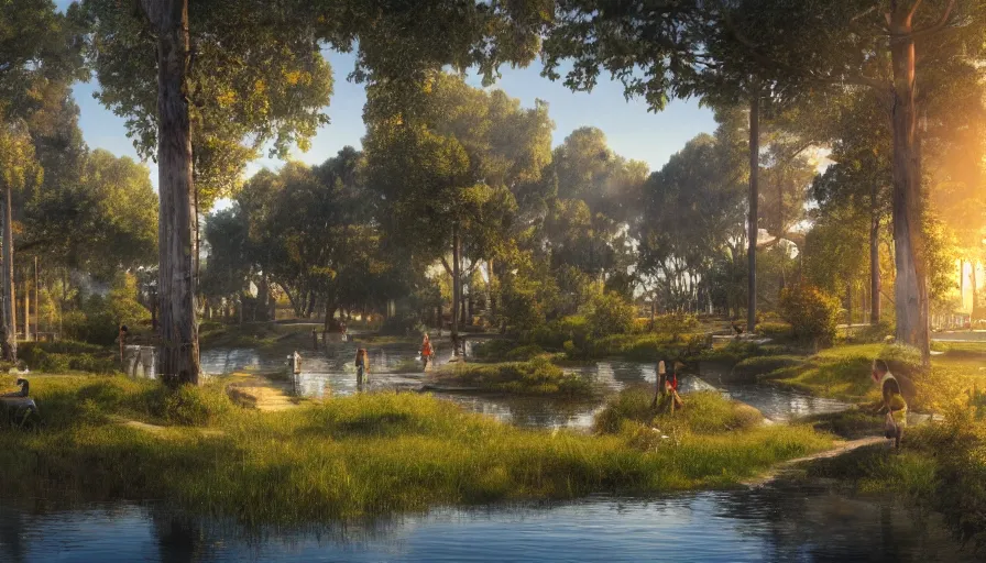 Image similar to concept art of an ecological park with a giant lake and paths around it in california, small white ecological hotels built around it, sunset light, hyperdetailed, artstation, cgsociety, 8 k