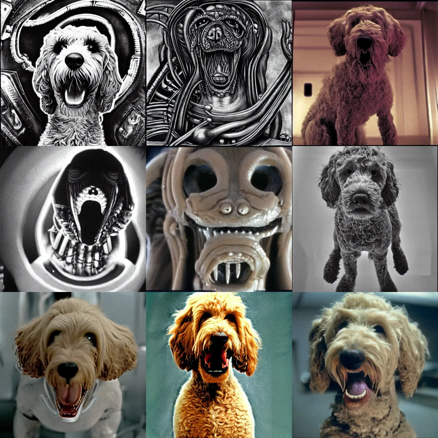 Prompt: barking goldendoodle in the style of H.R. Giger, Still from Alien (1979)